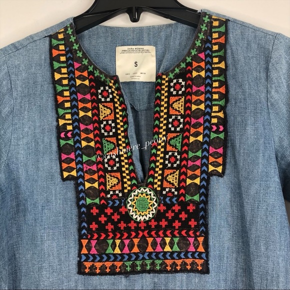 Zara Chambray Boho Denim Dress Tunic Small - Picture 3 of 8